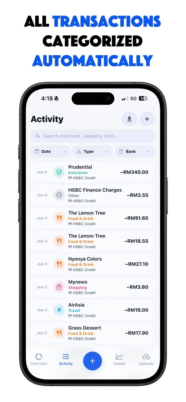 Activity list with automatically categorized transactions