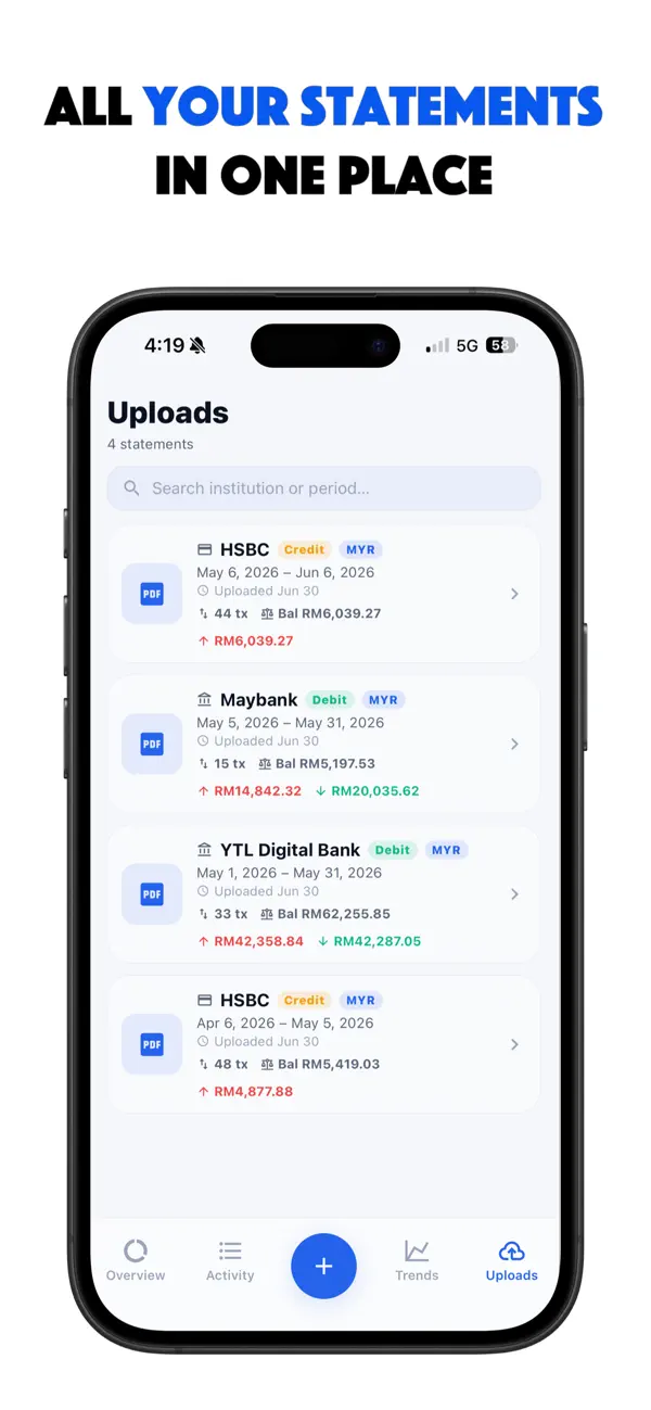 Uploads library with bank statements in one place